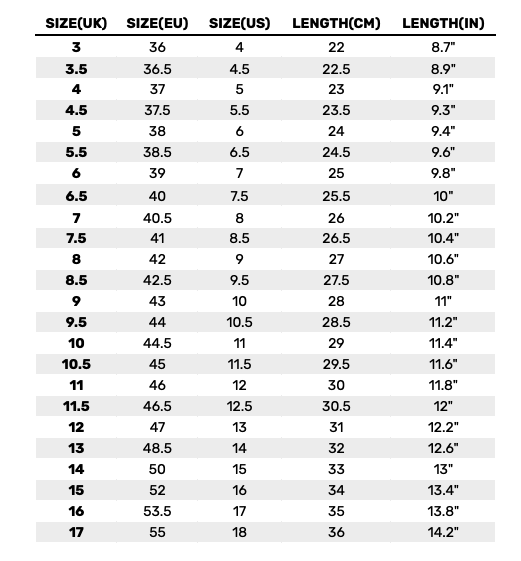 2026 DC Shoes Mens Footwear  Size Chart